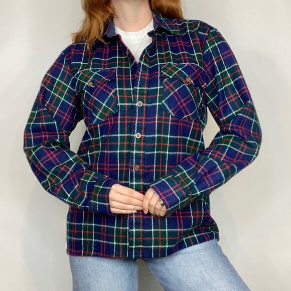 Vintage Woodland Large Navy Heavy Plaid Flannel Shirt Jacket Button Down Shirt - Picture 6 of 14
